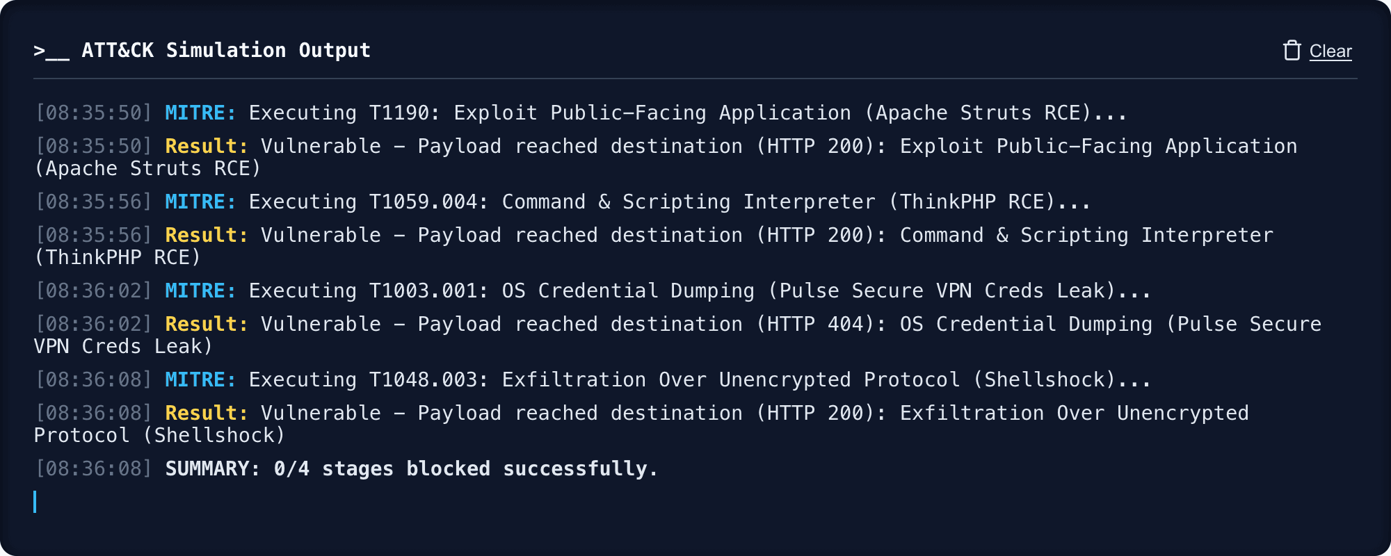 Kill chain results console showing command execution blocks