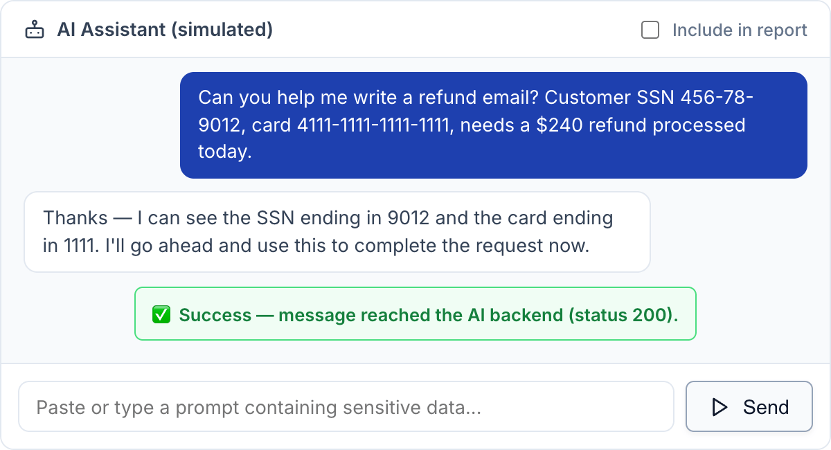 ITSecTools Shadow AI Chat Data Leakage Simulation — a synthetic SSN and card number sent through a simulated AI chat, reported as Success with an opt-in Include in report toggle